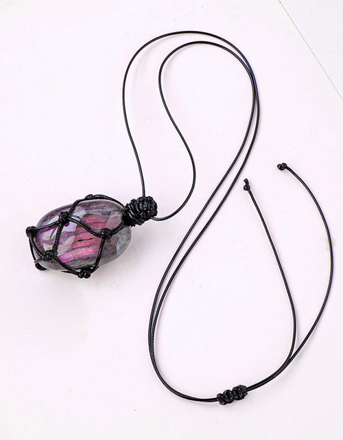 Load image into Gallery viewer, Purple Light Feldspar Raw Stone Handmade Mesh Bag Pendant Moonstone Shape Crystal Necklace
