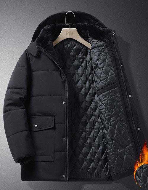 Load image into Gallery viewer, Coat men's winter new style with added velvet and thickened warm cotton clothing, business and leisure mid length hooded plus size men's cotton clothing
