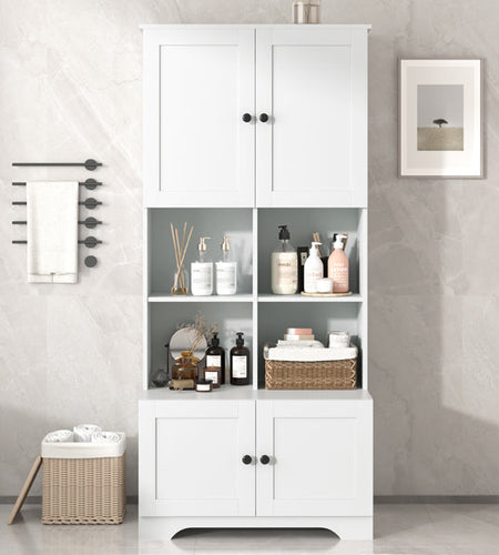 Bathroom storage cabinet, 4-door independent cabinet, adjustable shelf, open multi-layer shelf, white