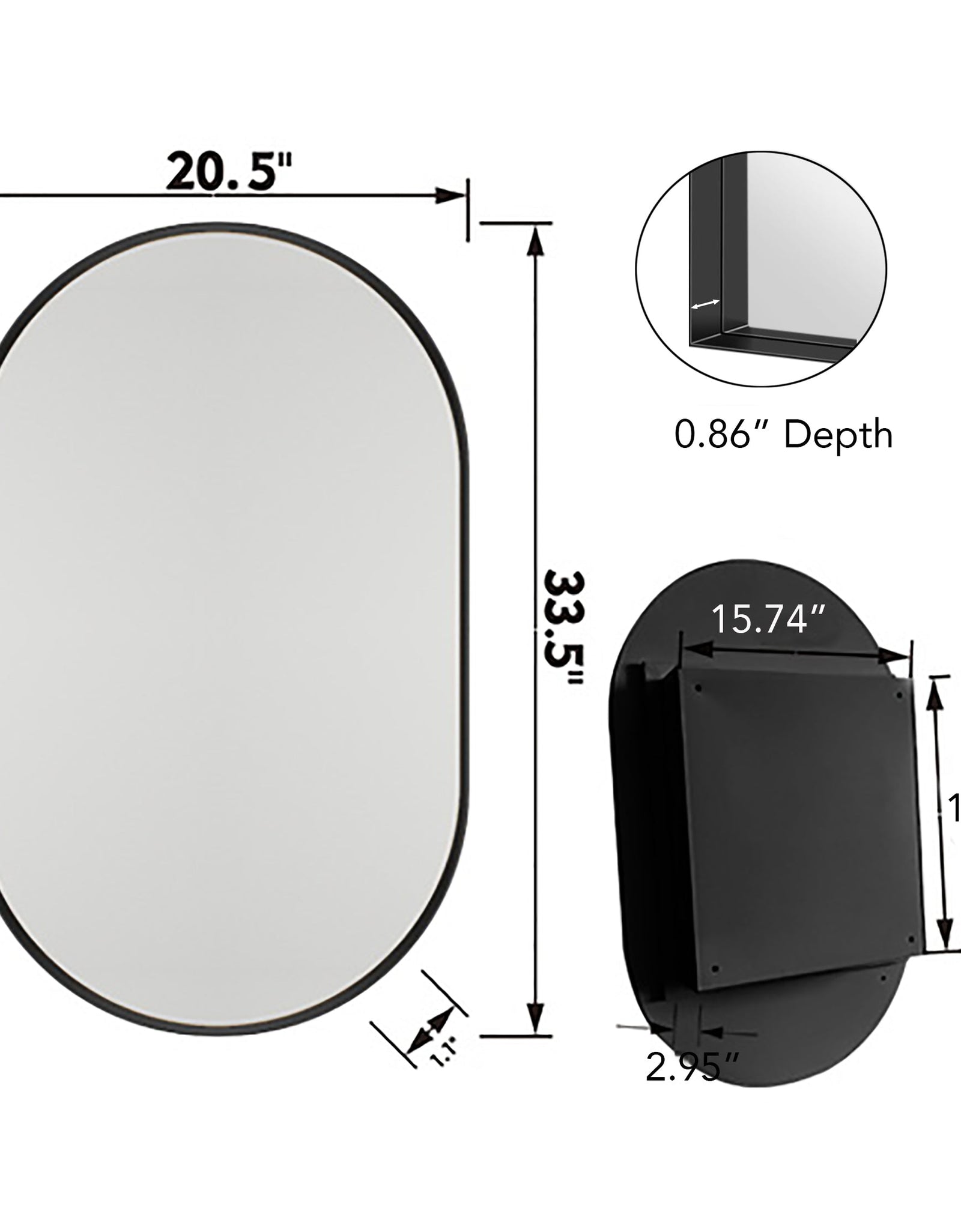 20x34 inch oval embedded medicine cabinet, metal frame bathroom cabinet with mirror and adjustable shelf matte black