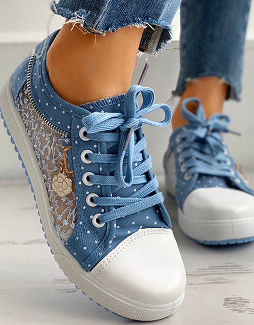 Load image into Gallery viewer, Floral Embroidered Polka Dot Print Sneakers — Women’s Casual Canvas Shoes
