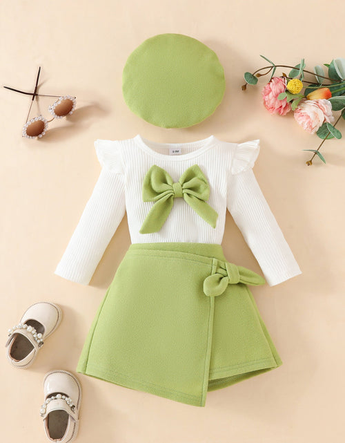 Load image into Gallery viewer, Fashion Step Girl Big Bow Beret Long Sleeve Top with Velvet Half Skirt Autumn/Winter 3-Piece Set
