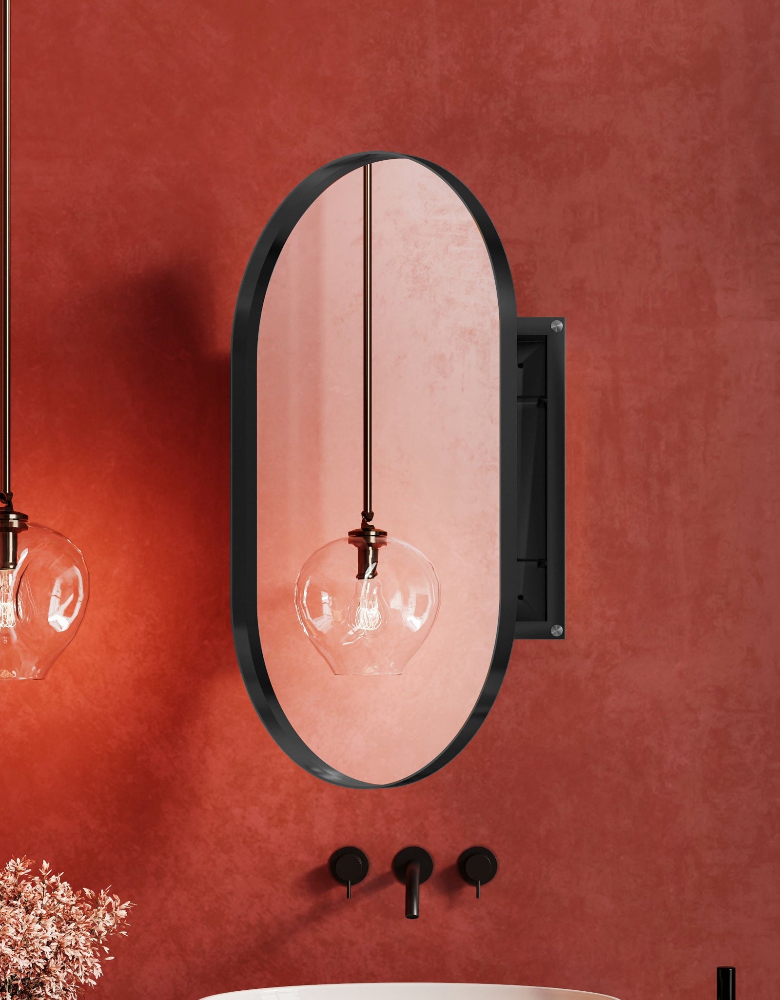 20x34 inch oval embedded medicine cabinet, metal frame bathroom cabinet with mirror and adjustable shelf matte black