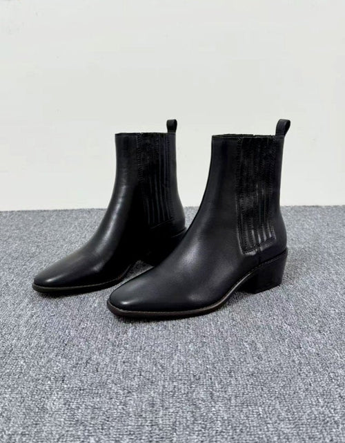 Load image into Gallery viewer, Women’s Retro Square-Toe Mid-Heel Chunky Leather Boots
