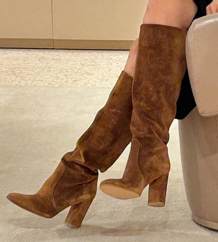 Suede Pleated High Heel Thick Heel Pointed Sleeve Boots