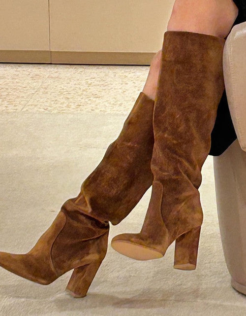 Load image into Gallery viewer, Suede Pleated High Heel Thick Heel Pointed Sleeve Boots

