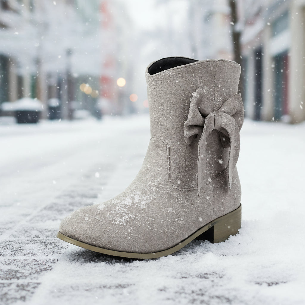 Women’s Low Heel Suede Bow Boots | Large Size Casual Winter Ankle Boots
