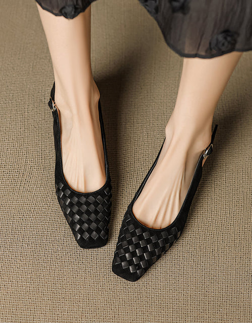 Load image into Gallery viewer, Women's Handmade Suede Woven Slingback Block Heel Sandals, Square-Toe Buckle Dress Shoes
