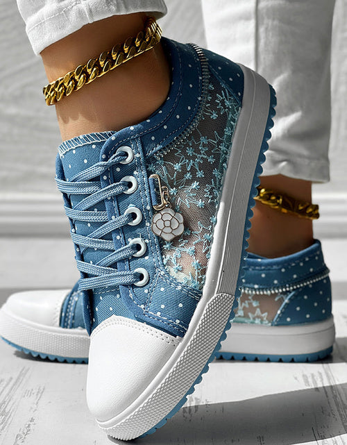 Load image into Gallery viewer, Floral Embroidered Polka Dot Print Sneakers — Women’s Casual Canvas Shoes
