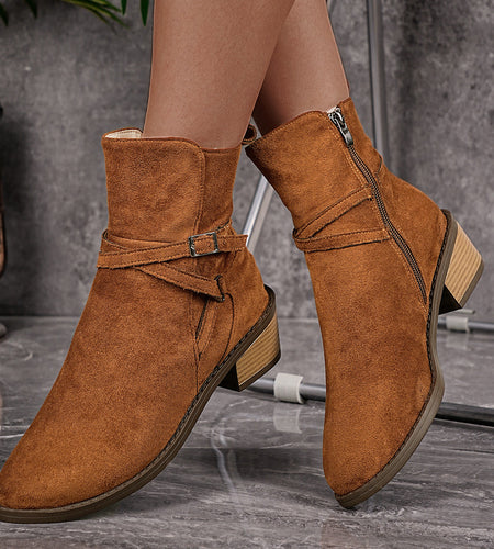 Cross-Strap Side-Zipper Mid-Heel Ankle Boots Women