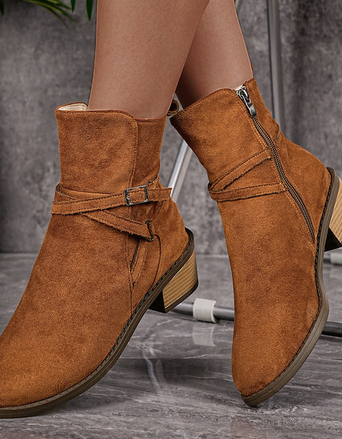 Load image into Gallery viewer, Cross-Strap Side-Zipper Mid-Heel Ankle Boots Women
