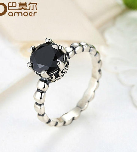 BAMOER Finger Ring with Black Cubic Zirconia Wedding Jewelry PA7205