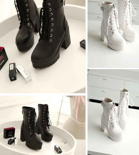 Women’s Chunky Heel PU Martin Boots – Stylish Ankle Combat Boots