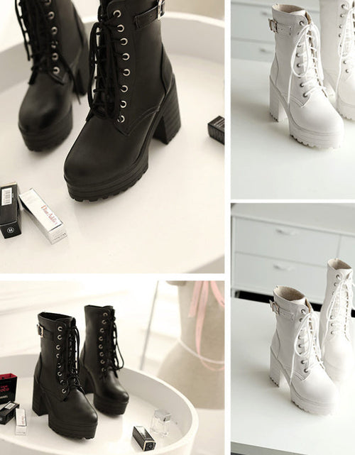 Load image into Gallery viewer, Women’s Chunky Heel PU Martin Boots – Stylish Ankle Combat Boots

