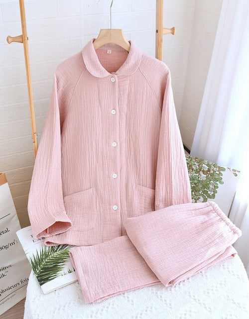 Load image into Gallery viewer, Women's sleepwear made of pure cotton with four layers of gauze, suitable for couples in spring, autumn, and winter. Men's casual plus size set
