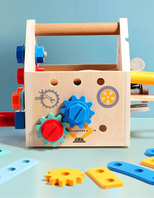 Load image into Gallery viewer, Children's wooden multifunctional toolbox, busy block, screw and nut removal, hand-held tool, blue puzzle toy
