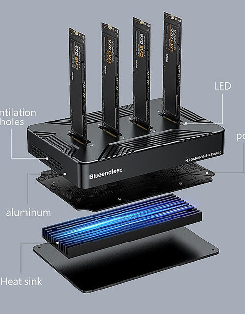 Load image into Gallery viewer, m. Solid state drive base with four bays and dual protocol nvme/data portable hard drive box, USB 3.2 gen2
