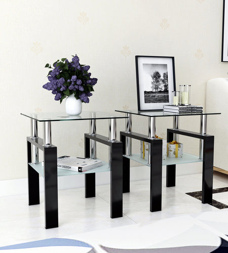 Set of 2, Modern Tempered Glass Tea Table Coffee Table End Table, Square Table for Living Room, Transparent/Black
