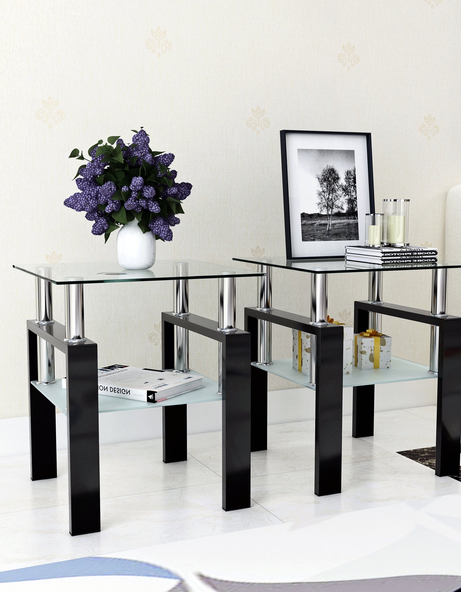 Set of 2, Modern Tempered Glass Tea Table Coffee Table End Table, Square Table for Living Room, Transparent/Black