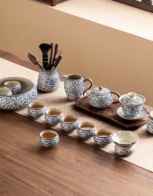 Load image into Gallery viewer, Kung Fu tea set blue and white lotus tea pot fair cup tea can ceramic lid bowl
