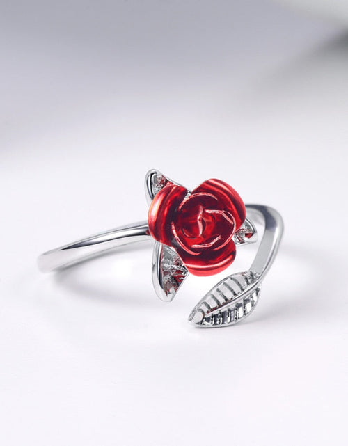 Load image into Gallery viewer, U7 Red Rose Garden Flower Leaves Resizable Finger Rings for Women Valentine's Day Gift Jewelry Hot Sale Open Ring R1019
