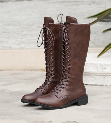 Women’s Round Toe Lace-Up Knee-High Boots – Stylish Casual Long Boots