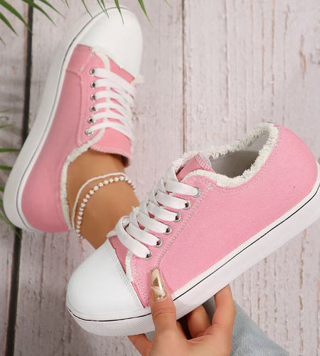 Women's Lace-Up Canvas Sneakers – Lightweight Flat Low-Top
