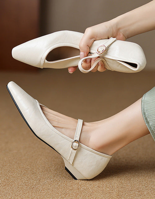 Load image into Gallery viewer, Women's Pointed Toe Low Square Heel Buckle Flats – Floral Detail Dress Shoes
