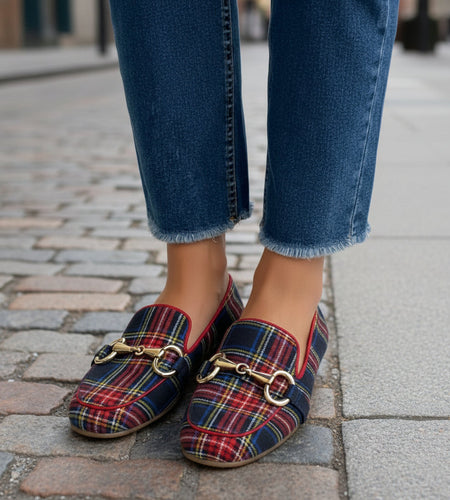 Women's Plaid Square Toe Flats – Buckle Casual Shoes in Red & Blue
