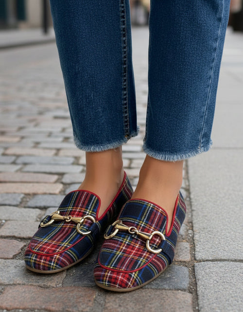 Load image into Gallery viewer, Women's Plaid Square Toe Flats – Buckle Casual Shoes in Red &amp; Blue
