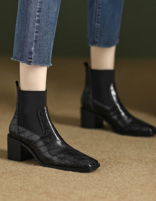 Load image into Gallery viewer, Women's Cowhide Square Toe Chunky Heel Pumps – Vintage Minimalist High Heels
