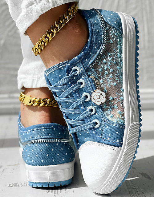 Load image into Gallery viewer, Floral Embroidered Polka Dot Print Sneakers — Women’s Casual Canvas Shoes
