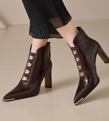 Women's Satin Pointed Toe Chunky Heel Short Boots – Ultra High Heel