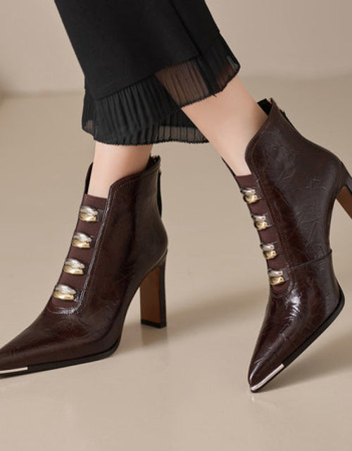 Load image into Gallery viewer, Women's Satin Pointed Toe Chunky Heel Short Boots – Ultra High Heel
