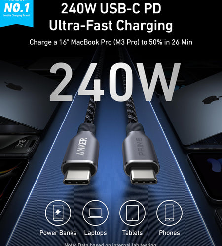 Anker Prime USB-C to USB-C Cable (240W, Upcycled-Braided)