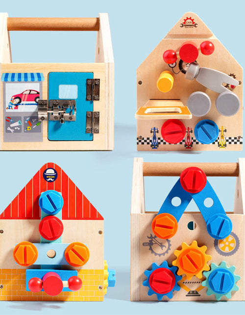 Load image into Gallery viewer, Children's wooden multifunctional toolbox, busy block, screw and nut removal, hand-held tool, blue puzzle toy
