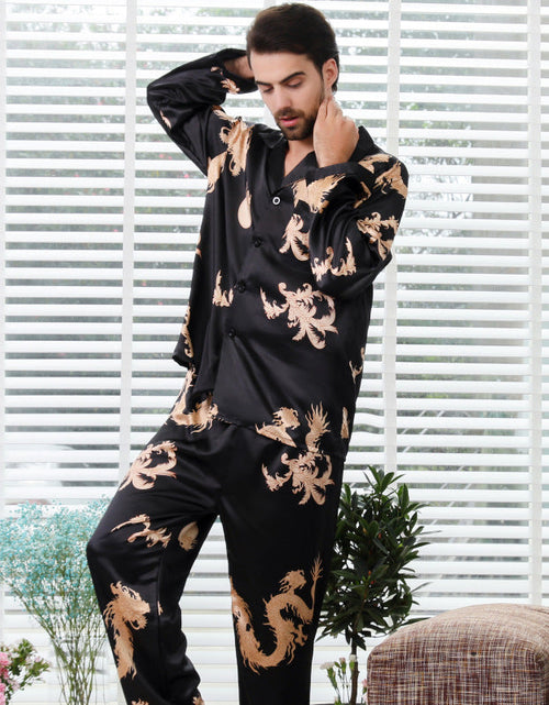 Load image into Gallery viewer, Simulated silk couple sleepwear new long sleeved set men's and women's V-neck silk printed dragon and phoenix home clothes
