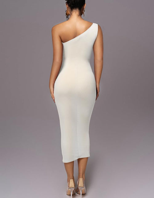 Load image into Gallery viewer, LAGSHIAN Women's Sexy Bodycon One Shoulder Mesh Ruched Midi Dress White Size L
