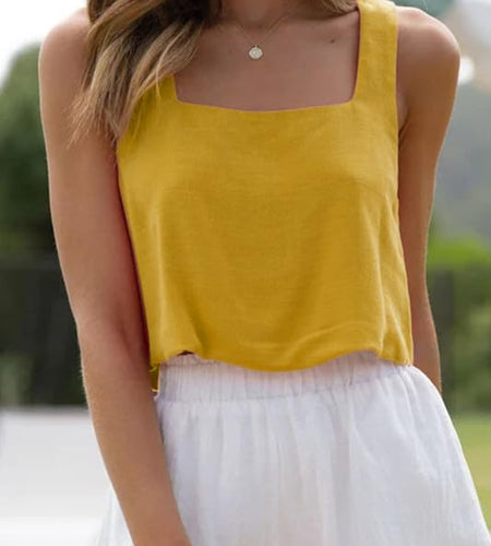 Allimy Women's Square Neck Sleeveless Crop Tank Top Yellow Size M