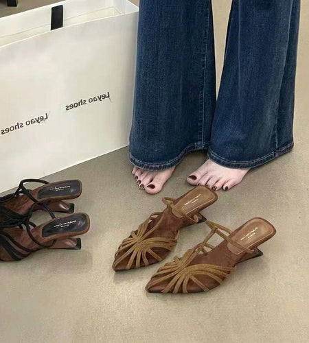 Women's French Style Woven Pointed-Toe Wedge Mules