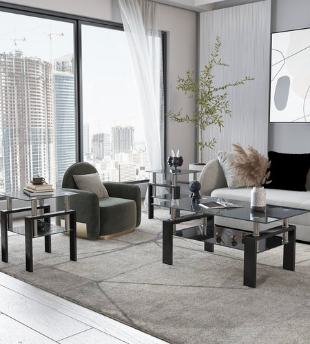Set of 2, Modern Tempered Glass Tea Table Coffee Table End Table, Square Table for Living Room, Black