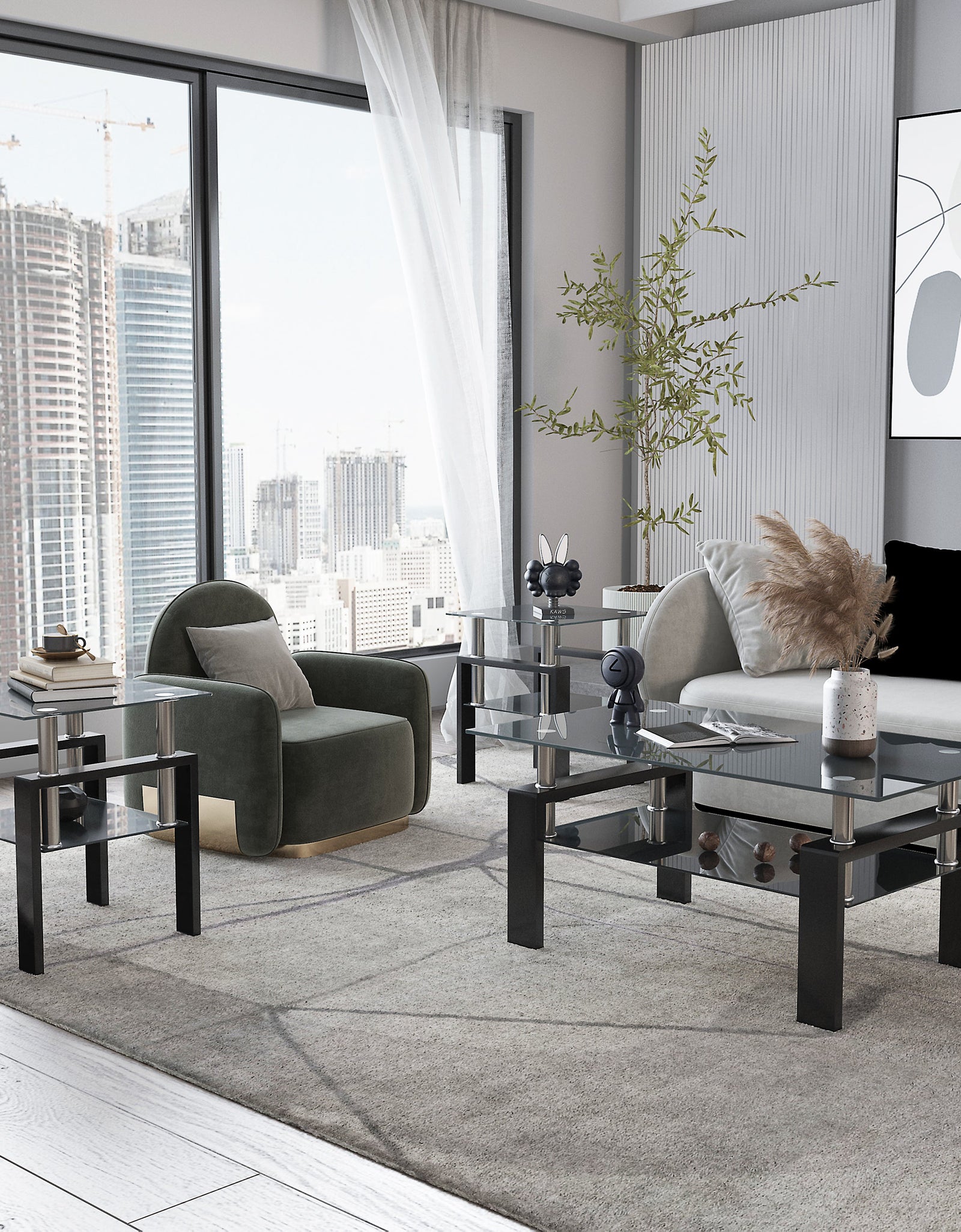Set of 2, Modern Tempered Glass Tea Table Coffee Table End Table, Square Table for Living Room, Black