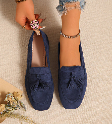 Women's Square Toe Tassel Slip-On Loafers | Suede Flat Casual Shoes