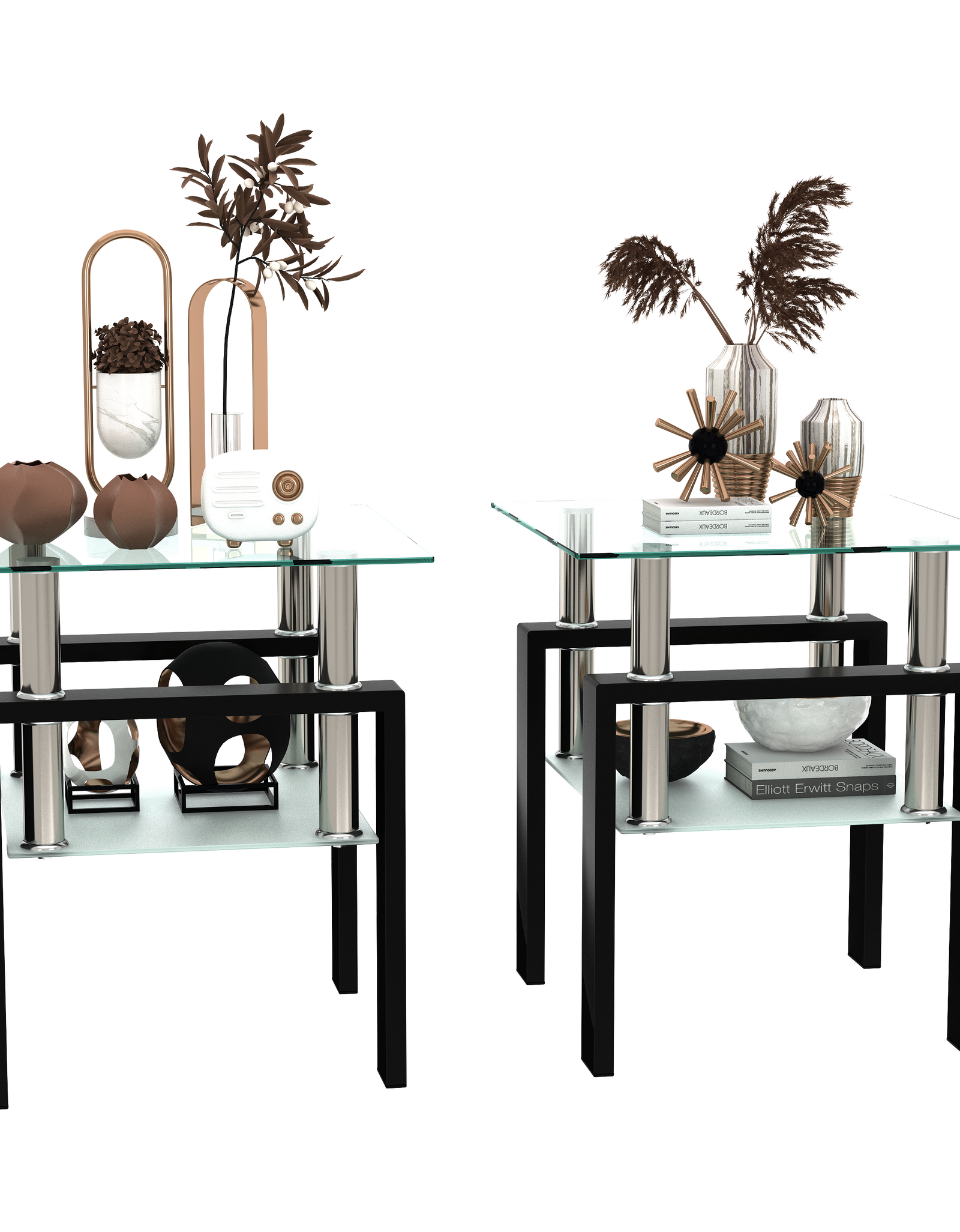 Set of 2, Modern Tempered Glass Tea Table Coffee Table End Table, Square Table for Living Room, Transparent/Black