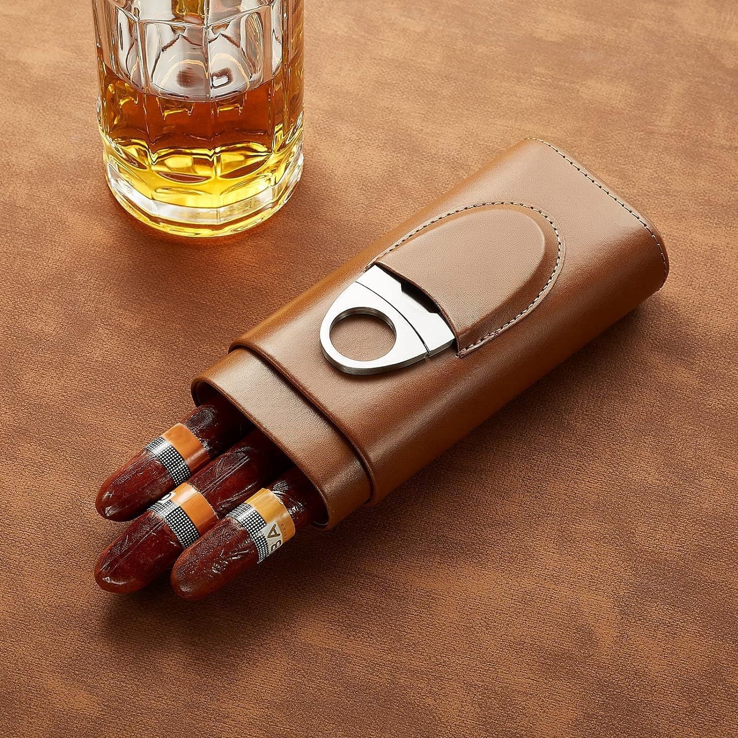 Two end hardware leather cigar box portable cedar wood 3-pack cigar moisturizing box protective cover cigar leather cover