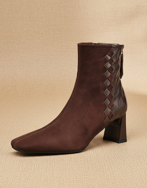 Load image into Gallery viewer, Women's Sheepskin Square Toe Chunky Heel Ankle Boots – Korean Patchwork Style
