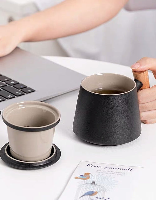 Load image into Gallery viewer, Wooden Handle Ceramic Tea Cup With Lid Filter Tea Cup Tea Water Separation Cup Flower Tea Cup Office Cup
