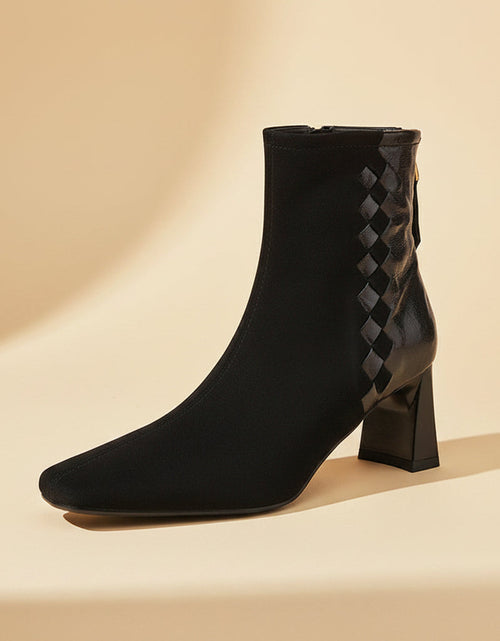 Load image into Gallery viewer, Women's Sheepskin Square Toe Chunky Heel Ankle Boots – Korean Patchwork Style
