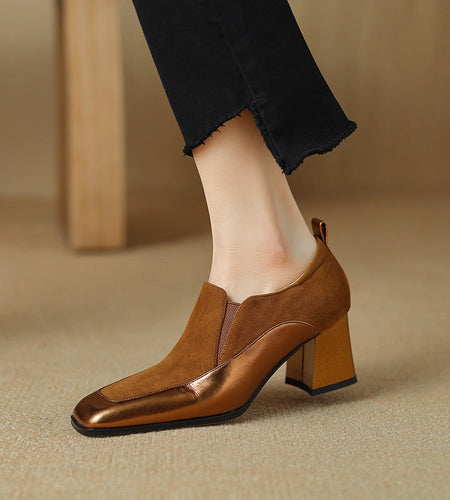Women's Retro Cowhide Square Toe Chunky Heel Slip-On Pumps