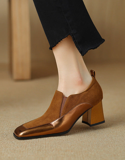Load image into Gallery viewer, Women's Retro Cowhide Square Toe Chunky Heel Slip-On Pumps
